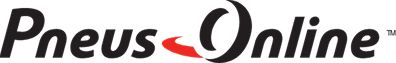 Logo Pneus-Online™ en caractères gris foncé avec un élément graphique rouge stylisé reliant 'Pneus' et 'Online'.