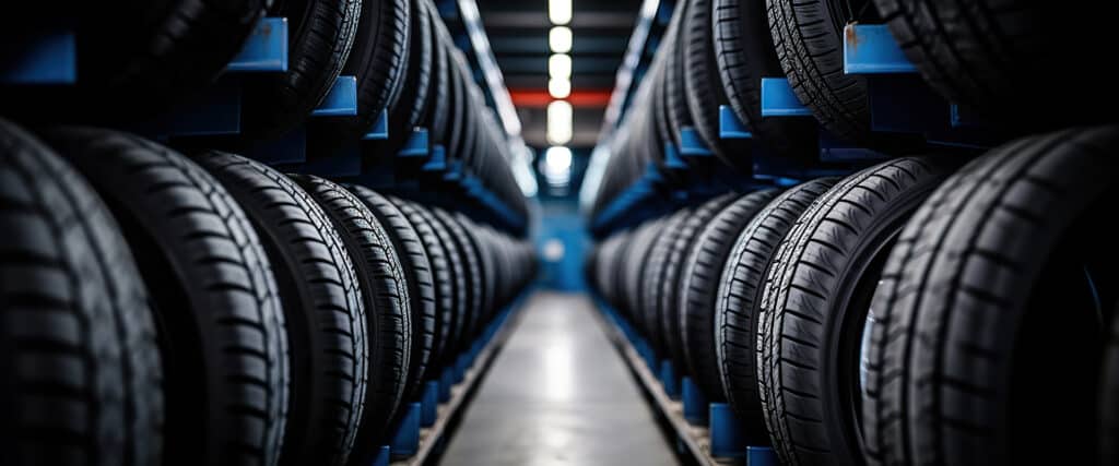 Longues rangées de pneus neufs empilés sur des étagères bleues dans un entrepôt. Stock de pneus automobiles prêts pour la vente.