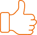 Contour orange d'une main faisant un pouce levé sur fond noir, symbolisant l'approbation, le "j'aime" ou la validation positive.