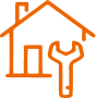 Icône orange d'une maison et d'une clé, symbolisant les services de réparation, entretien ou dépannage à domicile.