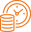 Icône orange d'une pile de pièces de monnaie et d'une horloge, symbolisant le temps, l'argent, l'investissement et la productivité financière.