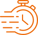 Chronomètre orange stylisé avec des lignes de mouvement, symbolisant la vitesse, la rapidité et l'efficacité.